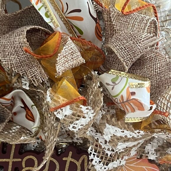 Handmade Fall Autumn Thanksgiving Ribbon Twine Wreath Made on 8” Ring - Picture 3 of 7